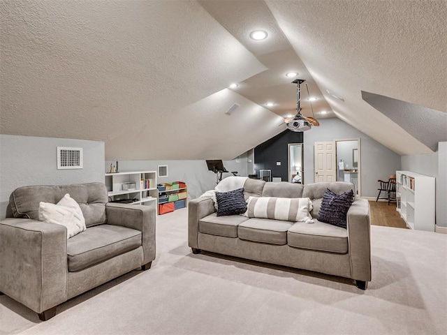 4216 Two Lakes Ave, Norman, OK 73072 - carpeted living room with a textured ceiling, vaulted ceiling, and recessed lighting