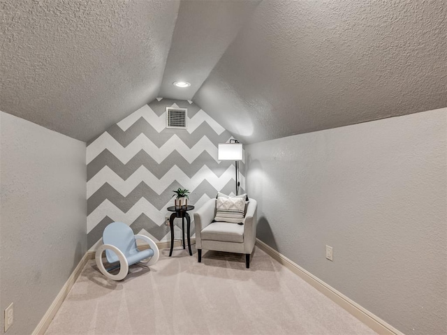4216 Two Lakes Ave, Norman, OK 73072 - sitting room with a textured ceiling, vaulted ceiling, a textured wall, and carpet floors