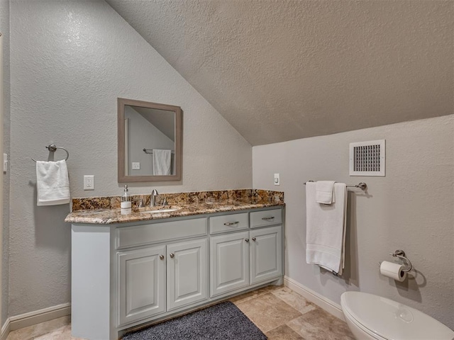 4216 Two Lakes Ave, Norman, OK 73072 - bathroom featuring vaulted ceiling, vanity, and a textured ceiling