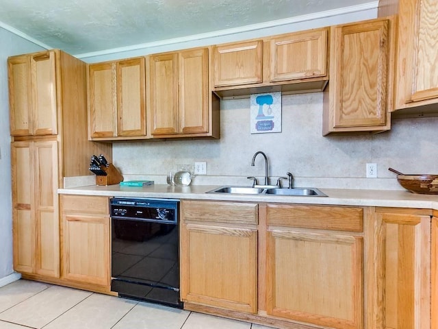 kitchen with light countertops, light brown cabinets, dishwasher, and a sink