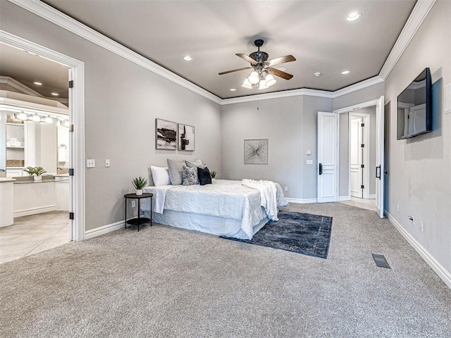 bedroom with recessed lighting, baseboards, crown molding, and light carpet