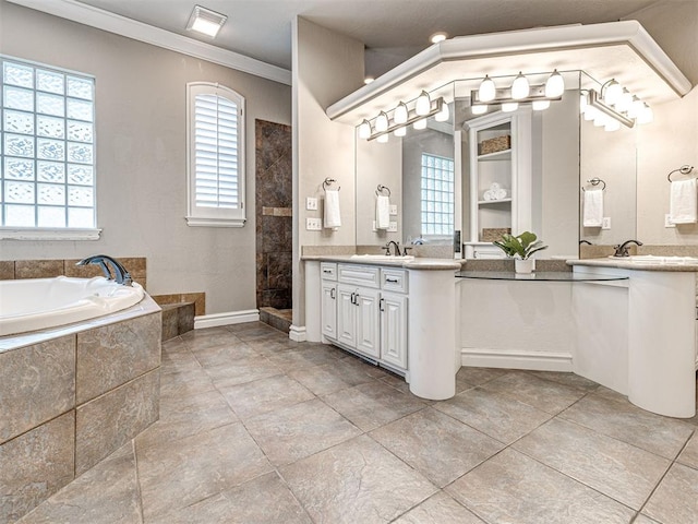 full bathroom featuring a bath, crown molding, tile patterned flooring, walk in shower, and a sink