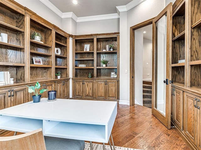 home office featuring recessed lighting, ornamental molding, and wood finished floors