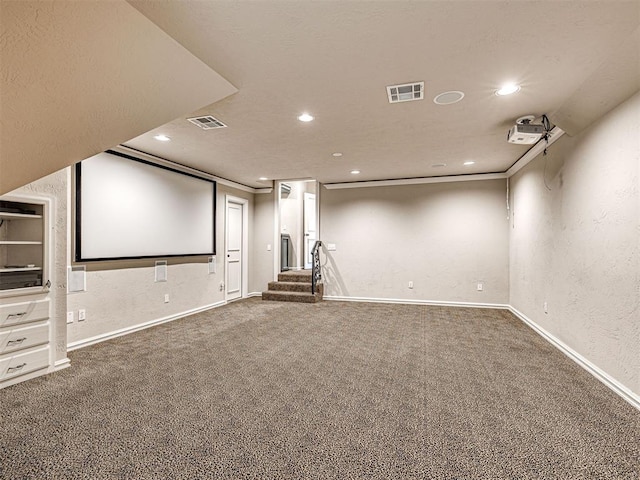 carpeted home theater with recessed lighting, baseboards, and visible vents