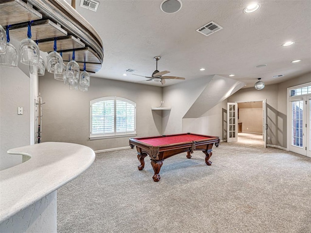 game room featuring visible vents, recessed lighting, carpet, and baseboards