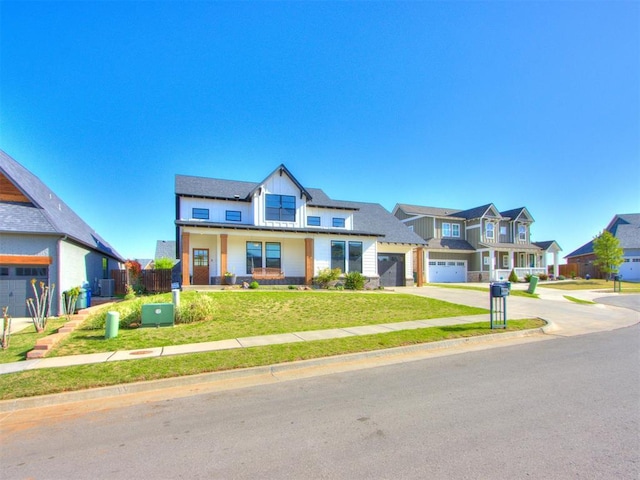 view of front of property with central AC unit, fence, a front lawn, a residential view, and driveway