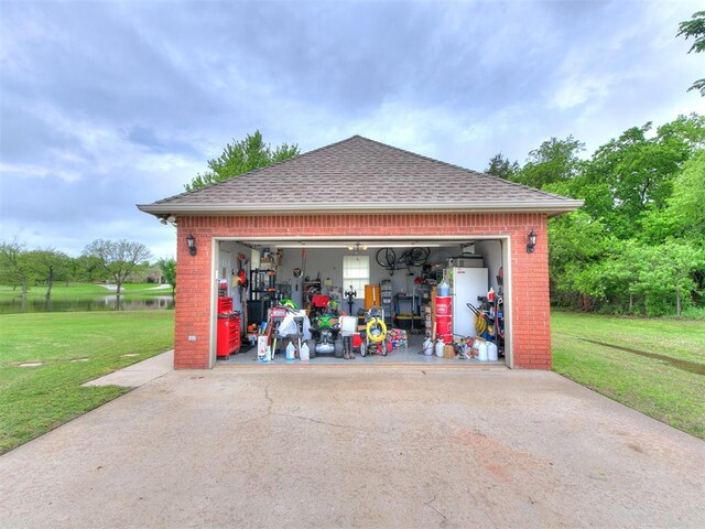 garage with a water view