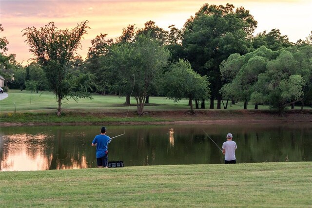 view of community featuring a lawn and a water view