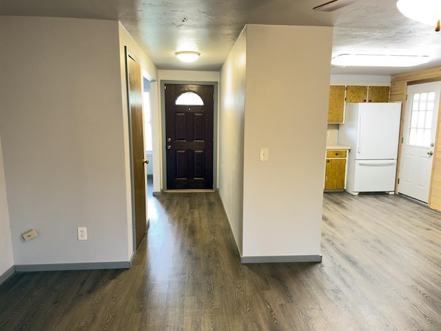 foyer featuring baseboards and wood finished floors