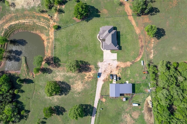 bird's eye view featuring a water view and a rural view
