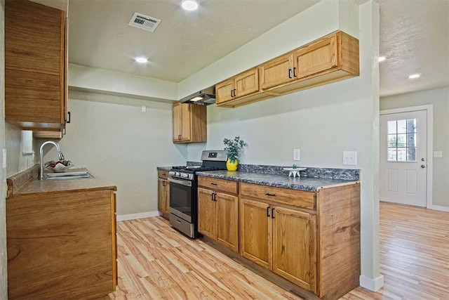 kitchen with light wood-style floors, visible vents, stainless steel gas stove, and a sink