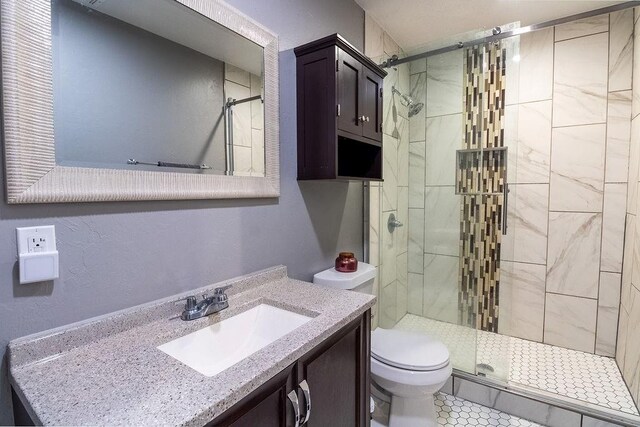 bathroom featuring toilet, a shower stall, and vanity