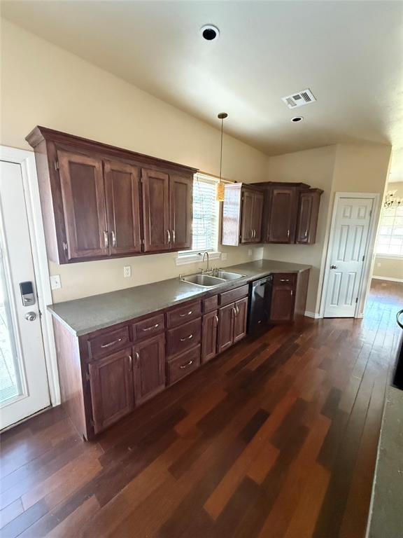 kitchen with dark wood finished floors, stainless steel dishwasher, a sink, and plenty of natural light