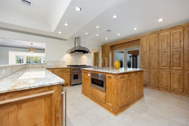 kitchen with stainless steel stove, built in microwave, island exhaust hood, visible vents, and recessed lighting