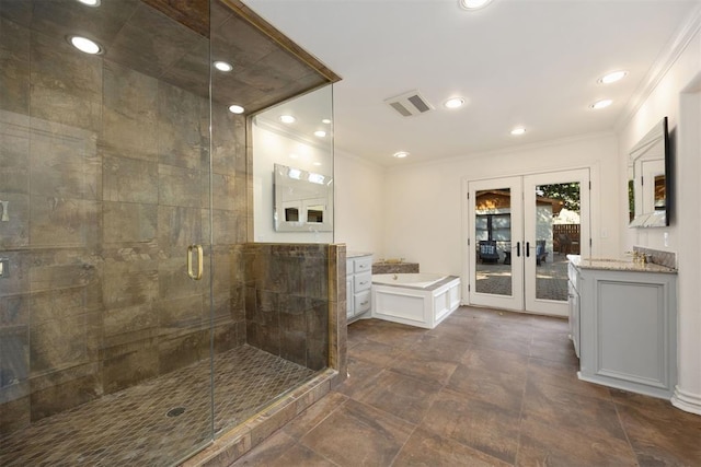 full bathroom featuring french doors, visible vents, a shower stall, vanity, and ornamental molding