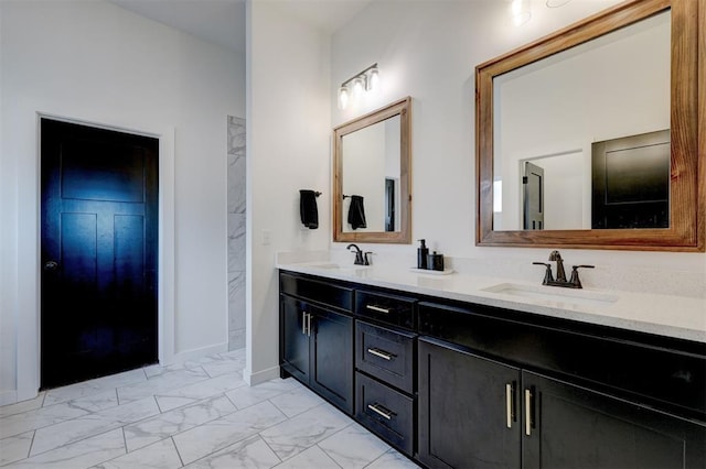 13513 NW 1st St, Yukon, OK 73099 - full bathroom featuring double vanity, baseboards, a sink, and marble finish floor