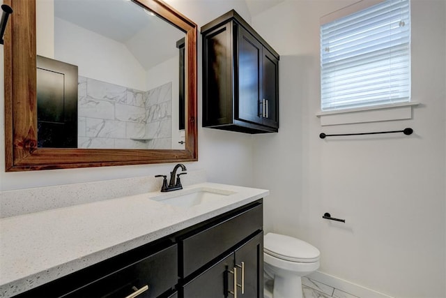 13513 NW 1st St, Yukon, OK 73099 - bathroom featuring vanity, marble finish floor, toilet, baseboards, and walk in shower