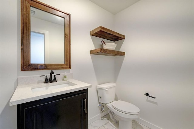 13513 NW 1st St, Yukon, OK 73099 - half bathroom featuring visible vents, baseboards, vanity, toilet, and marble finish floor