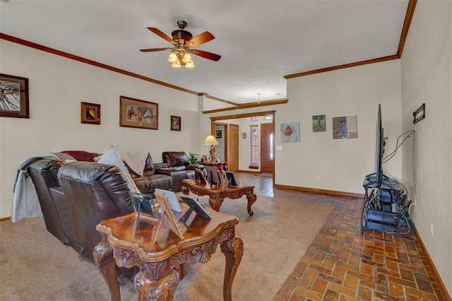 living room featuring a ceiling fan, baseboards, ornamental molding, and brick floor