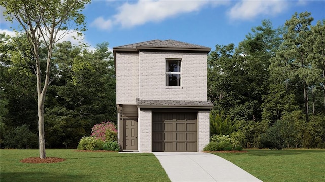 view of front of home featuring an attached garage, brick siding, driveway, and a front yard