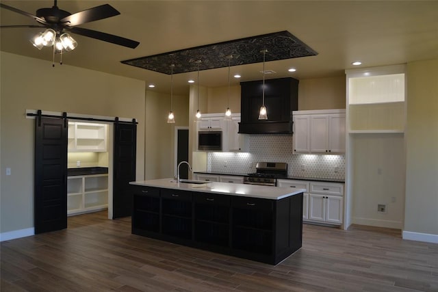 1124 NW 17 Th Pl, Newcastle, OK 73065 - kitchen featuring a sink, appliances with stainless steel finishes, a barn door, and dark wood-type flooring