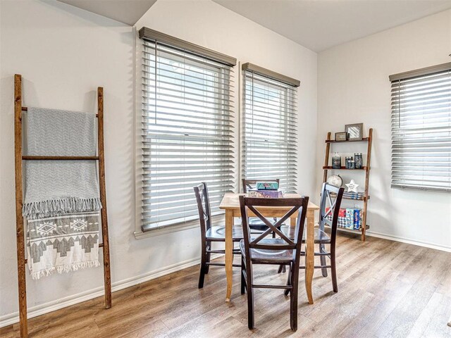 dining room featuring baseboards, wood finished floors, and plenty of natural light