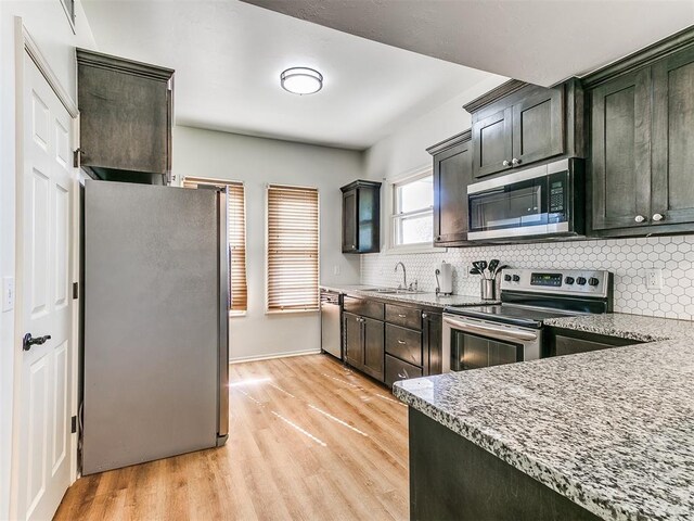 kitchen with light wood finished floors, a sink, stainless steel appliances, decorative backsplash, and light stone counters