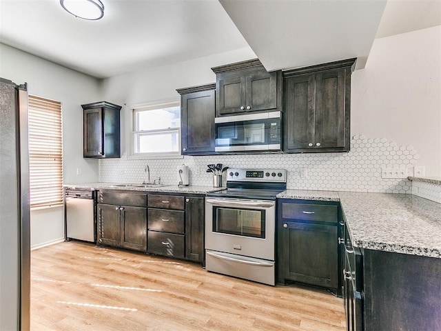 kitchen with light stone countertops, a sink, decorative backsplash, light wood-type flooring, and appliances with stainless steel finishes