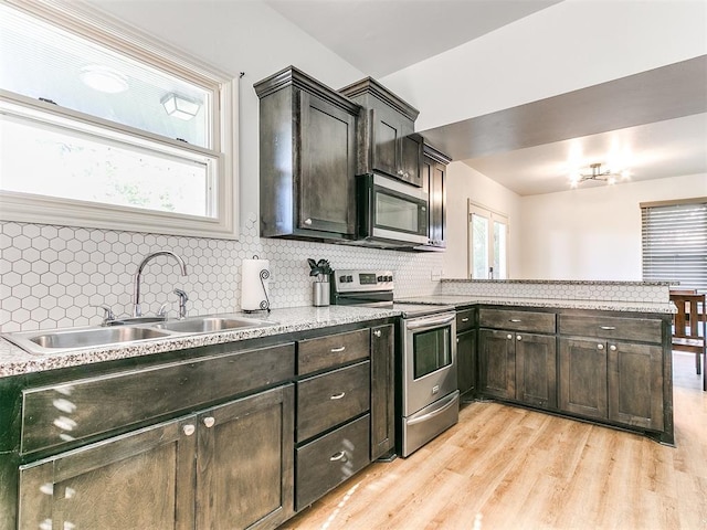 kitchen with decorative backsplash, appliances with stainless steel finishes, a sink, light wood-type flooring, and a peninsula