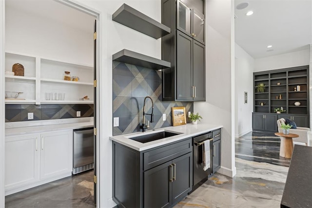 1233 Collis Ct, Newcastle, OK 73065 - kitchen featuring open shelves, dishwasher, decorative backsplash, recessed lighting, and refrigerator