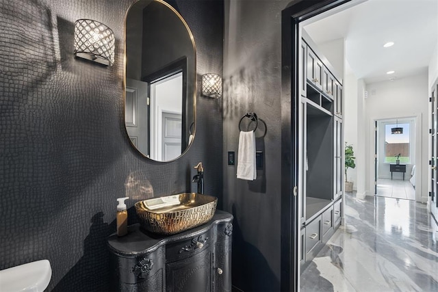 1233 Collis Ct, Newcastle, OK 73065 - bathroom with marble tiled flooring and recessed lighting