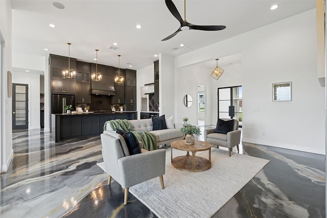 1233 Collis Ct, Newcastle, OK 73065 - living room featuring recessed lighting, a ceiling fan, and a high ceiling