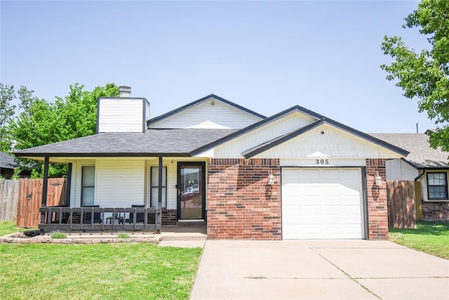 ranch-style home with covered porch, brick siding, fence, and an attached garage