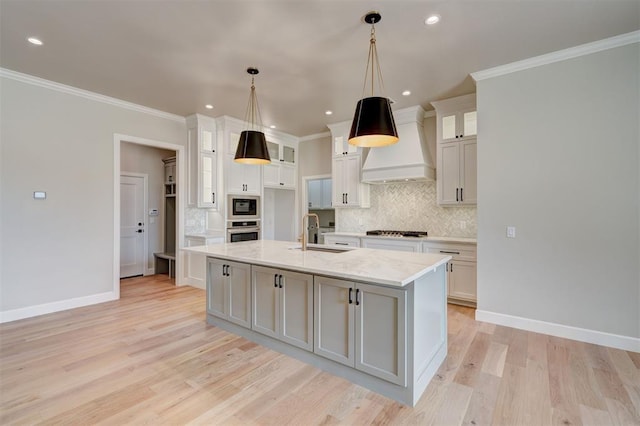 6508 NW 146th St, Oklahoma City, OK 73142 - kitchen with custom exhaust hood, a sink, oven, gas cooktop, and backsplash