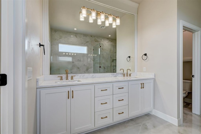6508 NW 146th St, Oklahoma City, OK 73142 - full bath featuring marble finish floor, toilet, a sink, and a stall shower