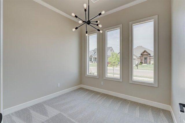 6508 NW 146th St, Oklahoma City, OK 73142 - spare room featuring a notable chandelier, light carpet, and ornamental molding