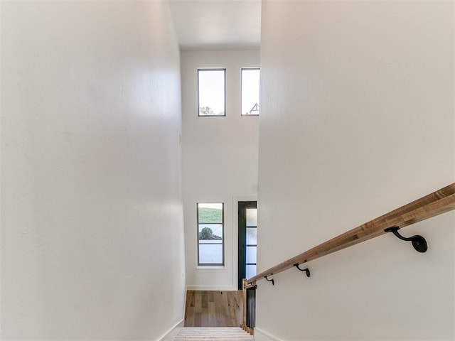 stairway with wood finished floors, a healthy amount of sunlight, a towering ceiling, and baseboards