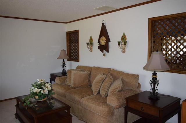 1400 S Indian Meridian Rd, Choctaw, OK 73020 - living area with a textured ceiling, baseboards, visible vents, crown molding, and carpet floors