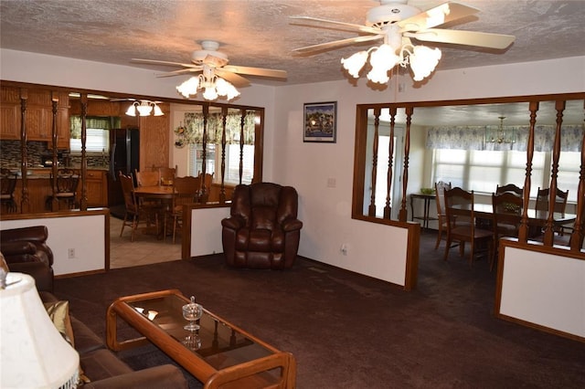 1400 S Indian Meridian Rd, Choctaw, OK 73020 - living area featuring carpet, a textured ceiling, and ceiling fan