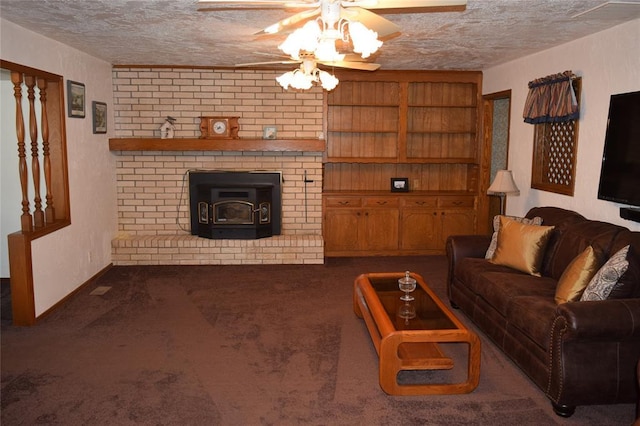 1400 S Indian Meridian Rd, Choctaw, OK 73020 - carpeted living room with a wood stove, a textured ceiling, and a ceiling fan