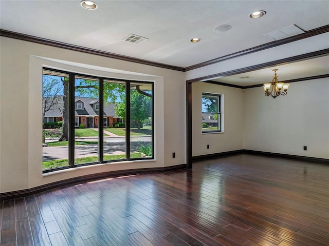 3025 Pine Ridge Rd, Oklahoma City, OK 73120 - spare room featuring recessed lighting, visible vents, crown molding, baseboards, and a notable chandelier