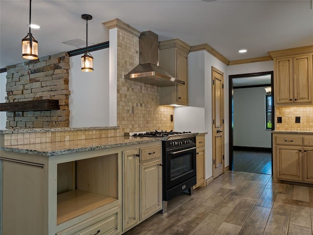 3025 Pine Ridge Rd, Oklahoma City, OK 73120 - kitchen featuring wall chimney exhaust hood, backsplash, wood finished floors, light stone counters, and high end black range oven