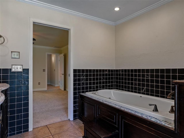 3025 Pine Ridge Rd, Oklahoma City, OK 73120 - full bath featuring tile walls, a garden tub, tile patterned flooring, and ornamental molding