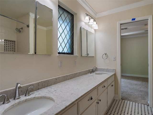 3025 Pine Ridge Rd, Oklahoma City, OK 73120 - bathroom featuring visible vents, a sink, double vanity, and crown molding