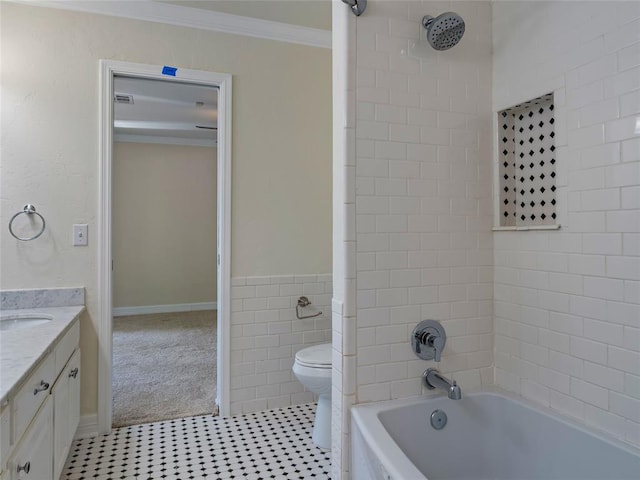 3025 Pine Ridge Rd, Oklahoma City, OK 73120 - bathroom featuring tile patterned flooring, toilet, vanity, crown molding, and shower / tub combination