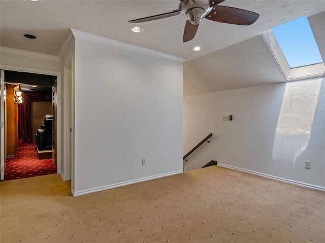 3025 Pine Ridge Rd, Oklahoma City, OK 73120 - additional living space with recessed lighting, a skylight, baseboards, carpet flooring, and ceiling fan