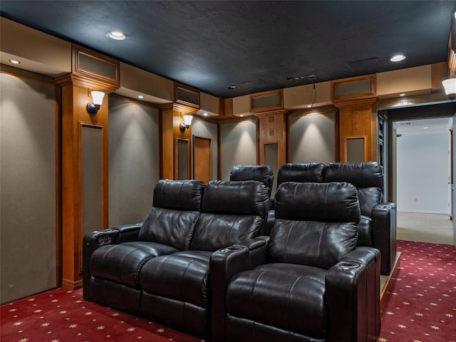 3025 Pine Ridge Rd, Oklahoma City, OK 73120 - cinema room featuring decorative columns, carpet floors, and recessed lighting