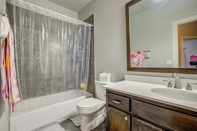 bathroom featuring vanity, shower / bathtub combination with curtain, and toilet