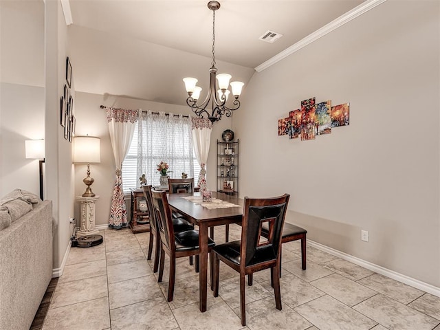 dining space featuring lofted ceiling, an inviting chandelier, visible vents, ornamental molding, and light tile patterned floors