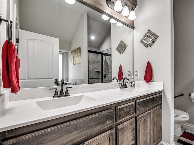 bathroom featuring a stall shower, vaulted ceiling, a sink, and toilet